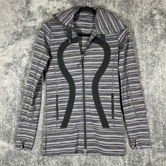 Lululemon Jacket Womens 4 Gray Striped Full Zip Scuba Hoodie Sweatshirt Athletic - Picture 1 of 7